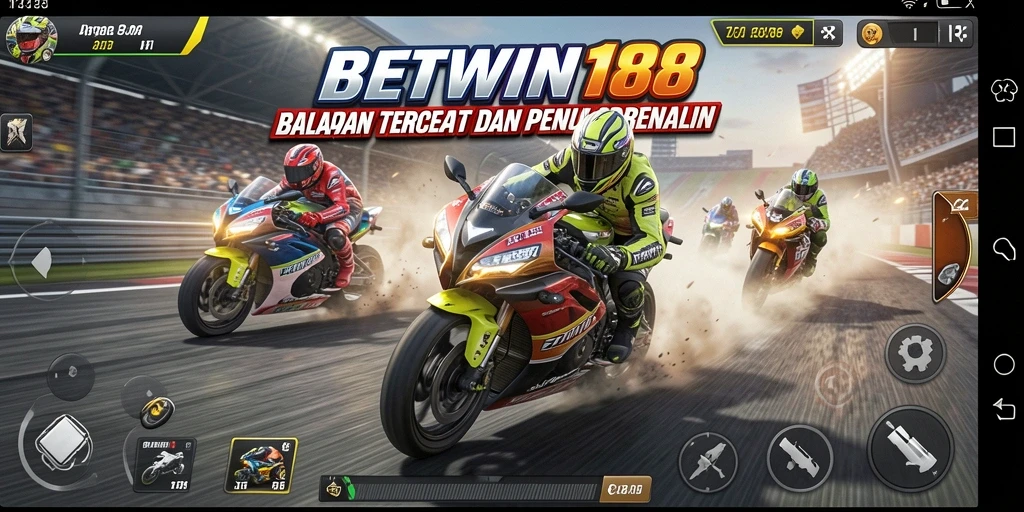 Screenshot utama BETWIN188 menampilkan aksi balapan motor yang mendebarkan.