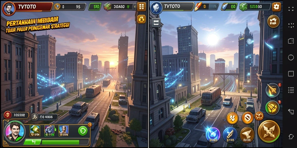 Tampilan gameplay TVTOTO dengan menara bertahan melawan gelombang musuh.